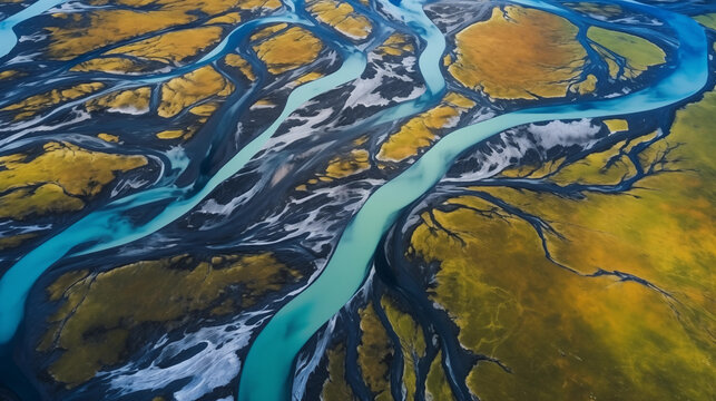 iceland braided river aerial view patterns colors water flow golden hour dramatic tones