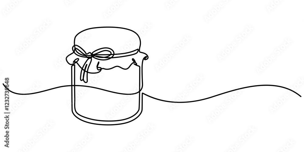Poster glass canning jar in continuous line art drawing style. food preserve. minimalist black linear sketc