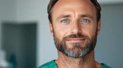 Fototapeta premium Close Up Portrait Of A Man In Teal Medical Scrubs