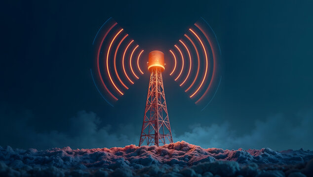 Abstract depiction of radio waves emanating from a radio tower, digital background, symbolizing connectivity and communication