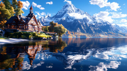 Fototapeta premium Lakeside chalet autumn mountain view reflection