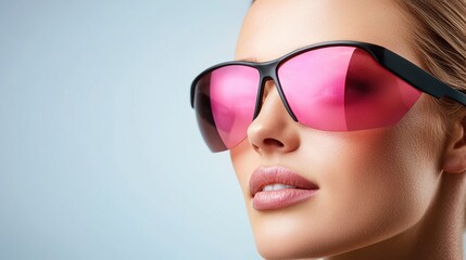 Fototapeta premium Close up portrait of a young woman with pink sunglasses, light skin with water droplets, and neutral makeup. Soft lighting against a light blue background.