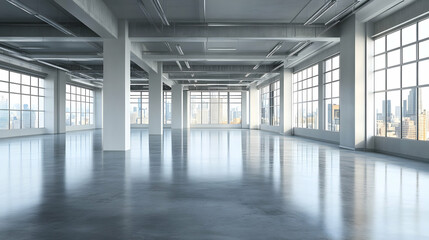 Empty modern office space, city view, sunlight