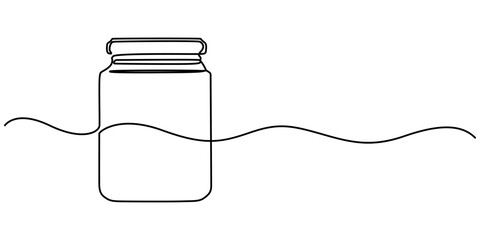 Glass canning jar in continuous line art drawing style. Food preserve. Minimalist black linear sketch on white background. Vector illustration, Jar of honey one line continuous. Line art jar of jam. 
