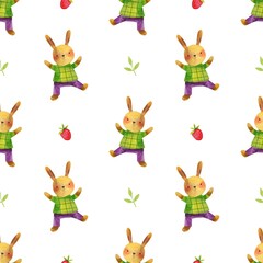 Seamless pattern with cute dancing baby rabbit in purple pants and green t-shirt. Watercolor illustration of bunny, berries and leaves for textile, posters, greeting card and other designs.