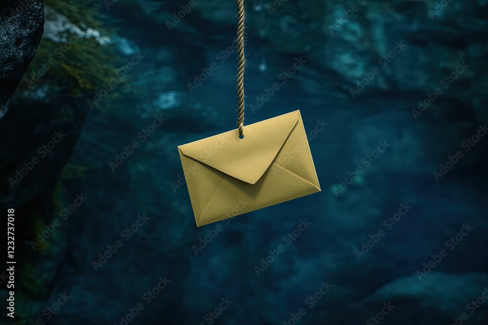Poster a visual representation of a phishing attack: a yellow envelope hanging from a rope, swaying softly 