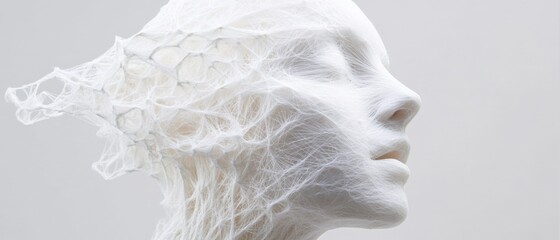 white abstract sculpture of a head with intricate web-like texture