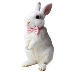 Fototapeta premium White rabbit with a pink bow on a transparent background.