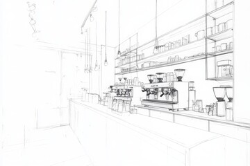 Sketch drawing of interior design of a coffee shop.