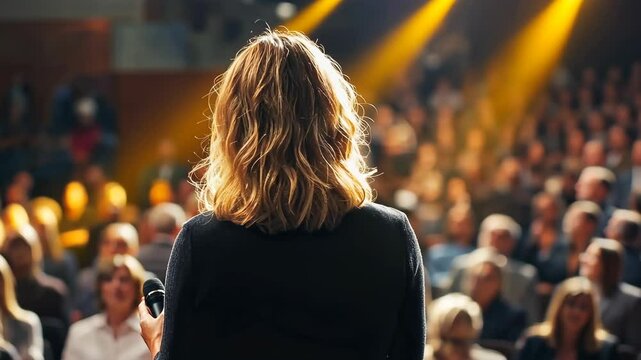 Engaging speaker presents to a captivated audience in a well-lit auditorium during a professional conference