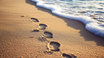 Fresh Footprints in Soft Sand Leading Towards Ocean Waves on a Sunny Day