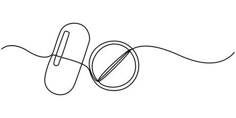 medicine tablet continuous one line drawing, Medicine Pills Single Line Icon, One Continuous Line Drawing of Medicine Pill Icon. Single Line Vector Illustration, Premium vector, Single line outline.