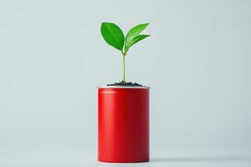 small green plant growing in a red recycled can on a light gray background