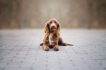 Urban portrait of a working cocker spaniel. The portrait was taken in autumn. Brown cocker spaniel