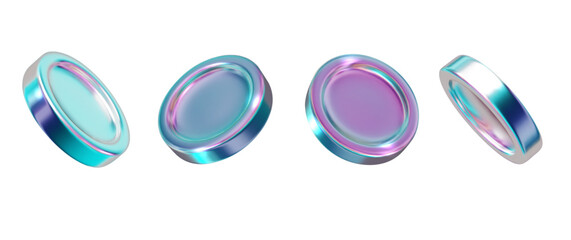 Chrome 3d coin holographic collection. Metal realistic shape 3d chrome vector for modern futuristic design aesthetics