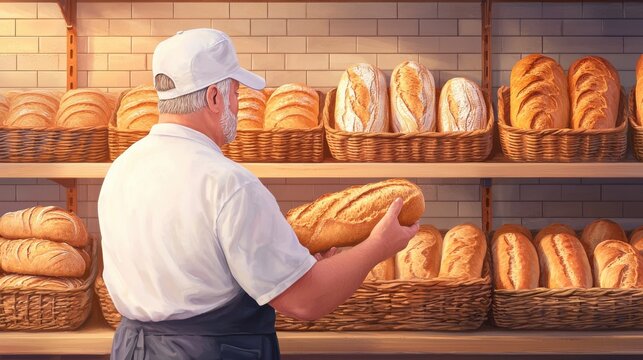 Older man baker in white apron examines freshly baked bread loaves in wicker baskets, warm lighting illuminates a rustic bakery setting.