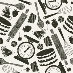 Bakery elements minimalist seamless pattern. Cake with various baking utensils.