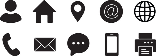 Business card contact information icon set. Containing name, address, location, mail, website, telephone, cell phone, fax for app and website. Vector illustration, eps