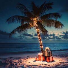 Obraz premium Palm tree in Christmas decoration with presents on exotic beach at night