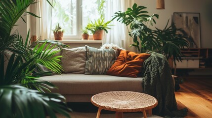 Cozy living room with plants, sofa, and natural light decor
