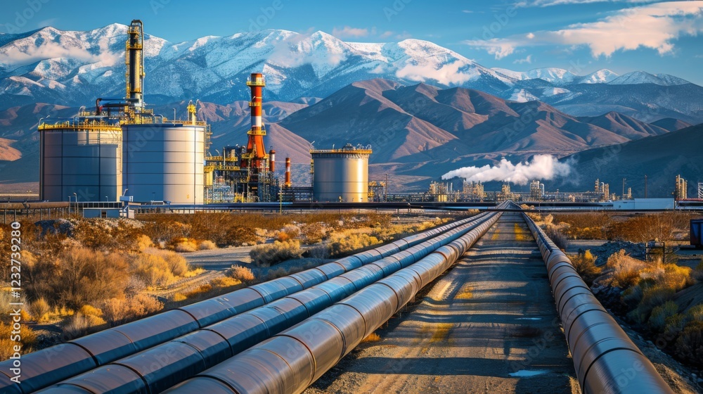 Poster an oil and gas processing facility features large storage tanks and industrial structures with pipel