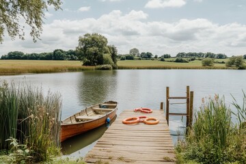 Obraz premium Scenic view of fishing lake with wooden jetty, row boat, and life rings in English countryside.