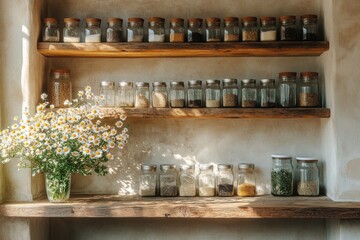 Rustic kitchen with shelves filled with glass jars