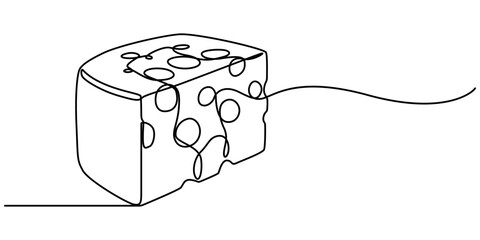 Сheese in one continuous line art drawing style. Wheel of cheese with holes and a piece cut from it, One line drawing of cheese for logo. Hand drawn linear sketch of wheel of cheese with holes and pro