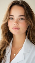 Close up portrait of a young woman with freckles and long brown hair, wearing a white shirt and gold necklace against a light beige background. Soft lighting enhances her features.