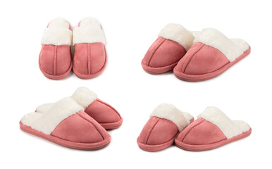 Soft slippers isolated on white background. Home slippers. Comfortable shoes for home. Foot care concept. Home comfort. Space for text. Copy space.
