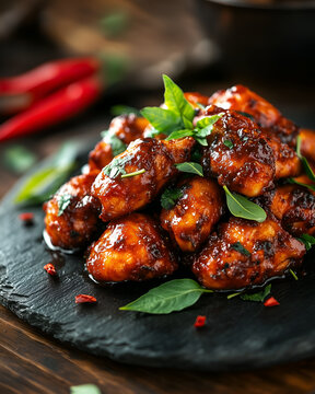 Spicy chicken 65 with curry leaves on slate plate