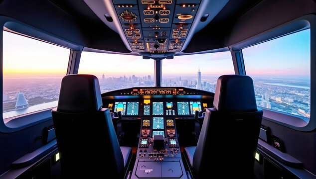 cockpit view of modern aircraft with advanced avionics and instrumentation systems for enhanced flight control and navigation
