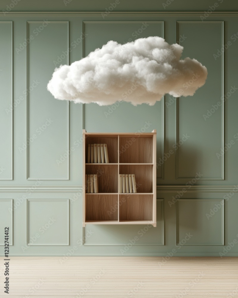 Poster a minimalist room features a wooden shelf with books beneath a floating cloud, blending whimsical el
