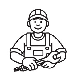 Happy Mechanic Holding Wrench Line Art Illustration