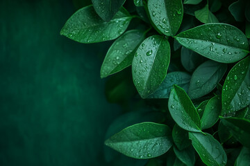Fototapeta premium Vibrant Green Leaves with Water Droplets in Close-Up Composition Background