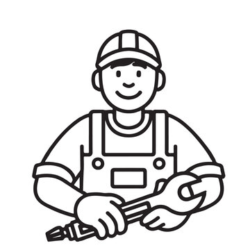 recommend clip art: Happy Mechanic Holding Wrench Line Art Illustration