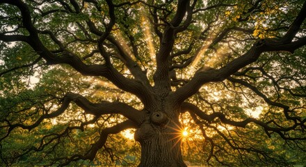 Fototapeta premium Majestic oak tree with sunlight streaming through branches at sunrise
