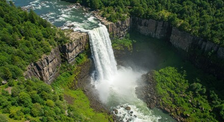 Obraz premium Majestic waterfall surrounded by lush greenery and rocky cliffs in a serene nature landscape