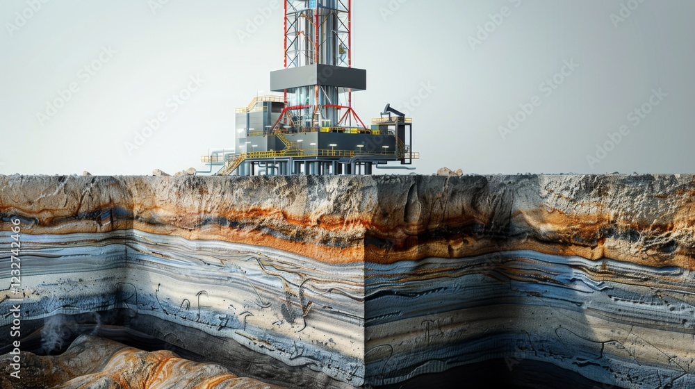 Poster a modern drilling rig is situated at a mining site, surrounded by layers of earth showcasing various