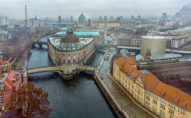 Drone view on the Bode-Museum in Berlin and Spree river  and Fernsehturm © Marat Lala