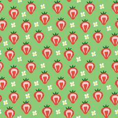 Cute light green seamless pattern with strawberries. Pastel textile design.