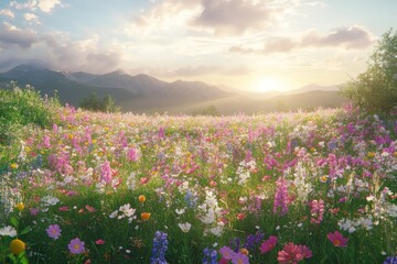 Wildflower meadow at sunrise with soft golden light