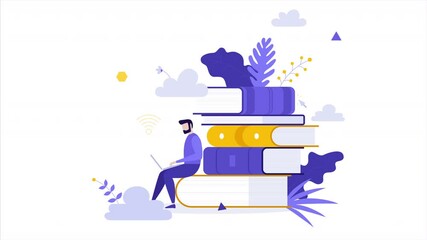 digital cloud library 2d loop animation, a man sitting on books working on her laptop.