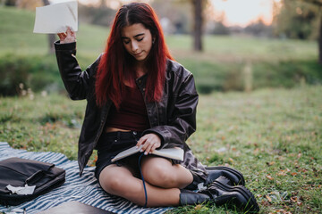 Obraz premium A young girl sitting on a striped blanket in a lush green park, journaling and enjoying a serene moment surrounded by nature during a soft sunset.