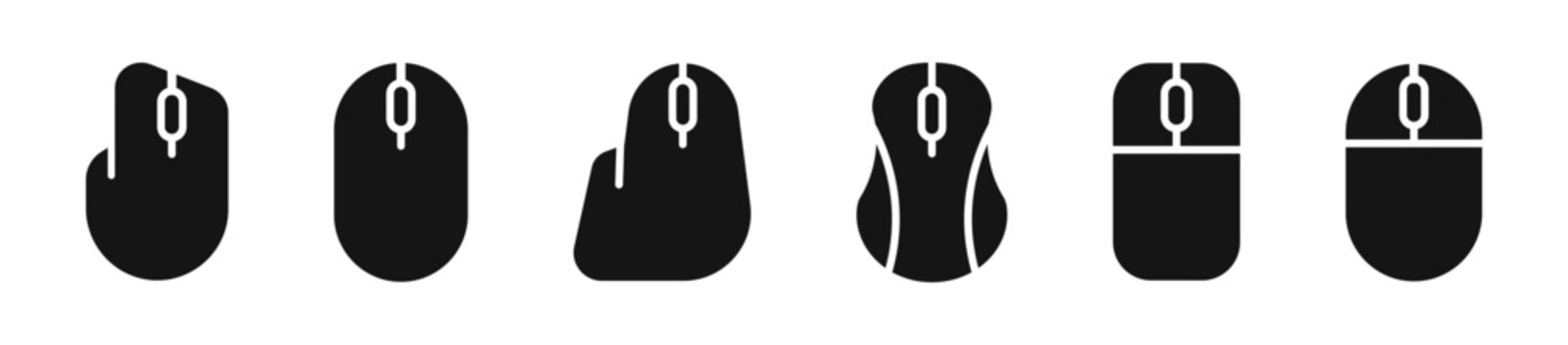 Computer mouse vector icons. Flat black computer mouse shapes. Input device simple designs