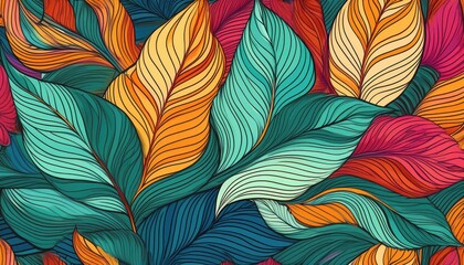 Vibrant Abstract Seamless Pattern with HandDrawn Graphic Leaves Expressive Artwork Showcasing Rich Autumn Hues and Intricate Line Work, Perfect for Modern Decor