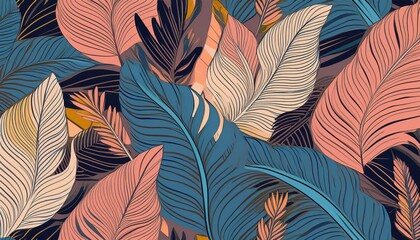 Vibrant Tropical Oasis A Captivating Seamless Vector Design of Exotic Leaves, Filled with Rich Greens, Bold Colors, and Textured Patterns, Perfect for Digital Art, Home Decor, or Graphic Design