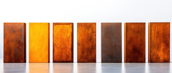 eight rusty metal panels standing upright on a gray surface against a white background