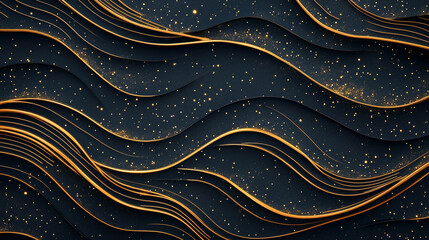 Abstract wavy golden lines on a dark textured background with scattered glowing particles creating a luxurious and elegant design concept for branding, advertising, and digital artwork industries