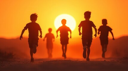 Fototapeta premium Chronic pollution harms air quality and public health. Children running towards a sunset on a warm evening.